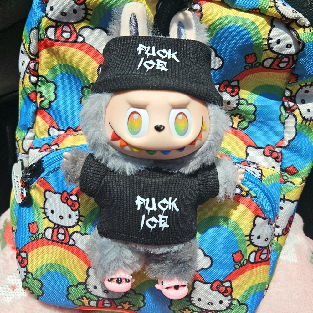 Abolish ice 2 pc Labubu Clothes Hat + Outfit Set Black Beanie + F ice Shirt